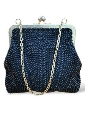 Vintage 1950s Black Beaded Evening Bag | Kiss Lock Frame Purse